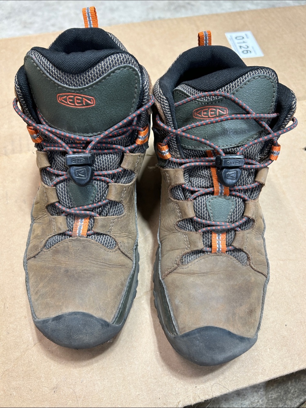 KEEN Brown and Olive Youth Hiking Boots with Orange Trim